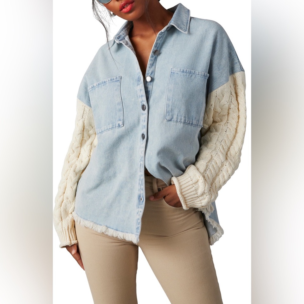 Blu Pepper Contrast Denim Cable Knit Oversized Shacket Sz Large